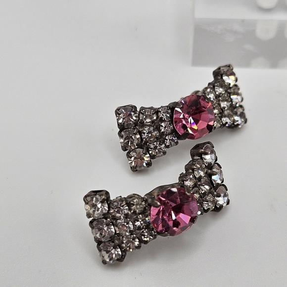 VINTAGE Art Deco Rhinestone Bowtie Pierced Earrings 3 Sets Pink, Blue, Red - Picture 2 of 4